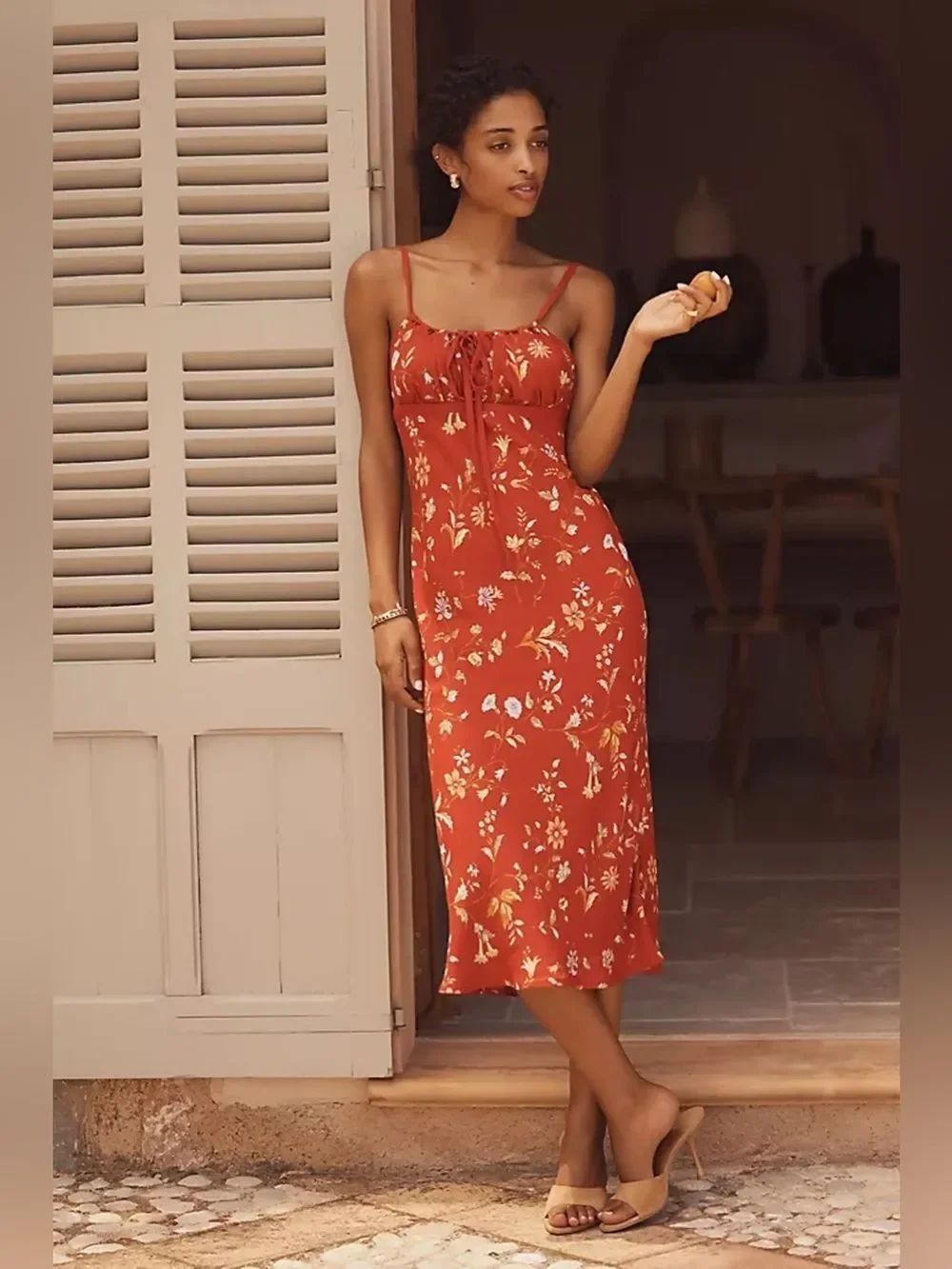 Reformation Camira Red Floral Midi Dress with Spaghetti Straps